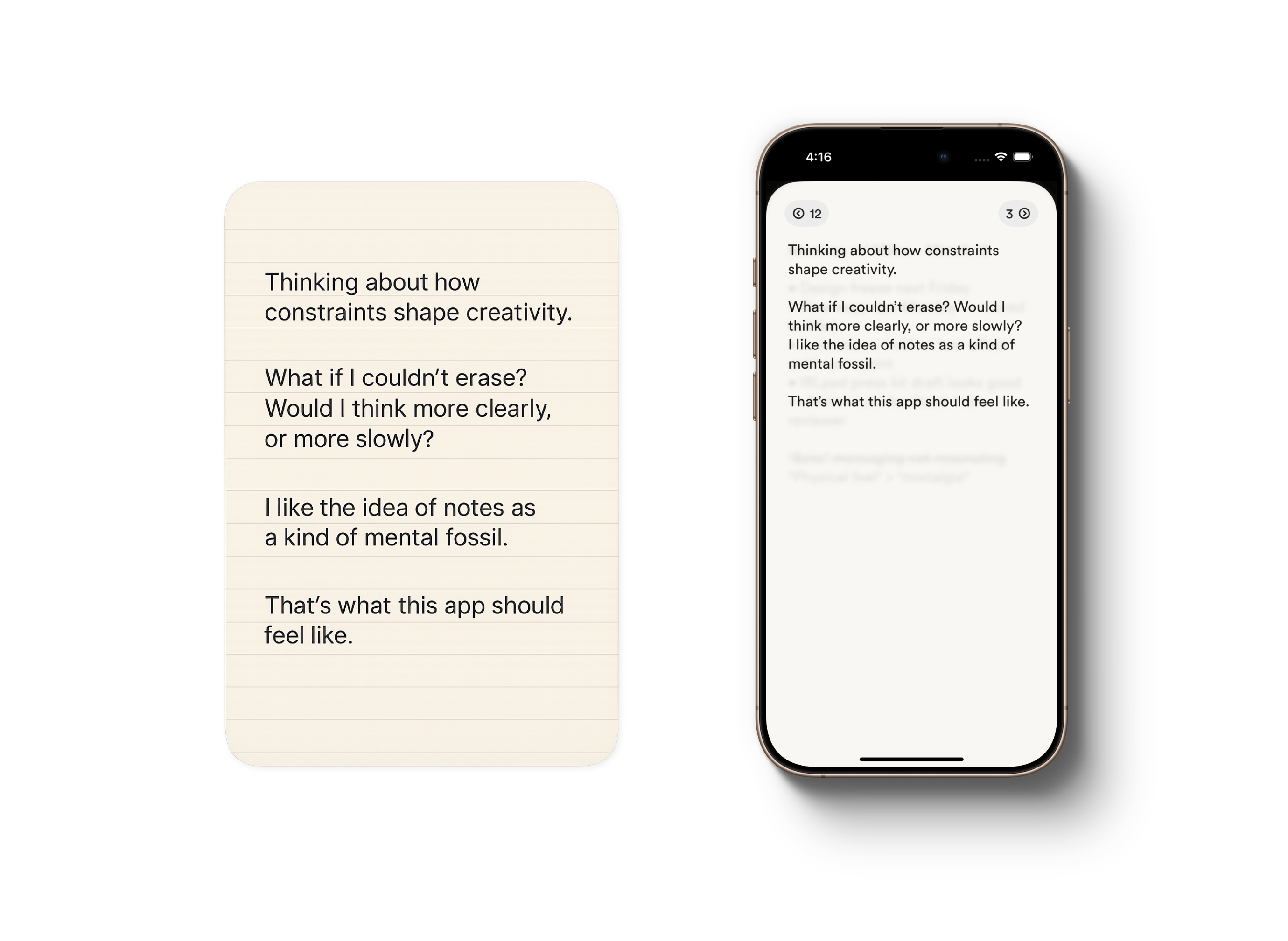 Side-by-side comparison of a paper notepad and IRLpad app showing the same notes