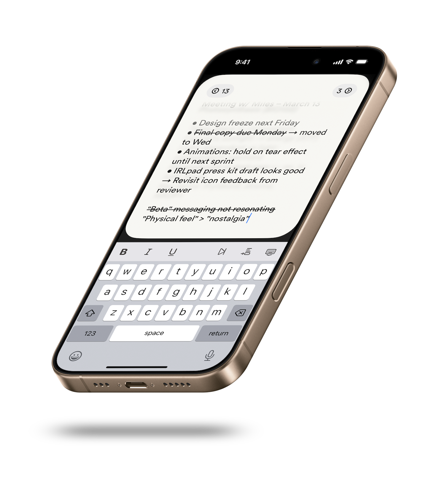 IRLpad app running on iPhone showing note-taking interface with strikethrough text